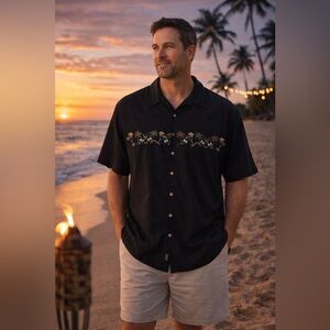 Joe Marlin Black Hawaiian Shirt XXL Tropical Embroidered Button Down Rayon